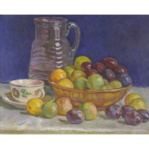 JULIUS WOHLERS : Fr�chtestillleben mit Karaffe und Tasse (DOBIASCHOFSKY AUKTIONEN AG)