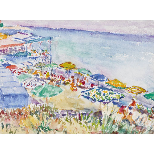DAVID GOLDSCHMIDT : Strandpartie mit Sonnenschirmen (DOBIASCHOFSKY AUKTIONEN AG)