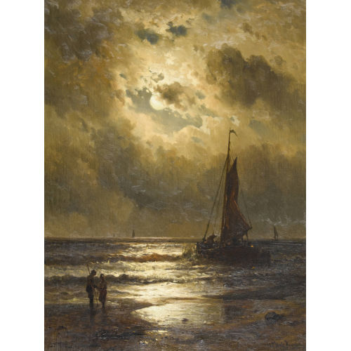 MAURITS FREDERIK HENDRIK DE HAAS : Strandpartie im Mondschein mit Segelboot (DOBIASCHOFSKY AUKTIONEN AG)