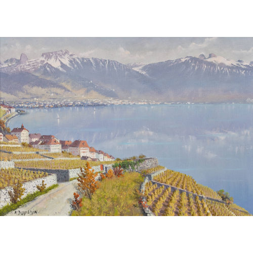 ALBERT DUPLAIN : Herbstliche Ansicht des Lavaux bei Rivaz (DOBIASCHOFSKY AUKTIONEN AG)