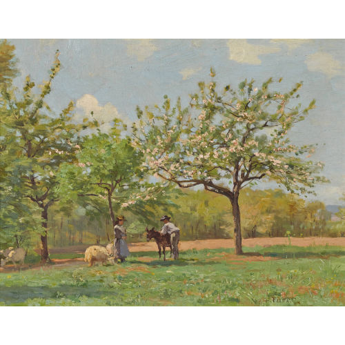 FRAN�OIS FURET : Wiese mit bl�hendem Obstbaum und Bauernpaar (DOBIASCHOFSKY AUKTIONEN AG)