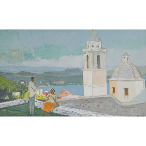 ADRIEN HOLY : 'Il campanile e la cupola della chiesa San Lorenzo (Portovenere)' (DOBIASCHOFSKY AUKTIONEN AG)