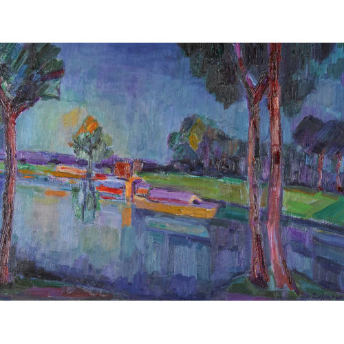 CHRISTIANE ZUFFEREY : Paysage au canal et bateau (DOBIASCHOFSKY AUKTIONEN AG)