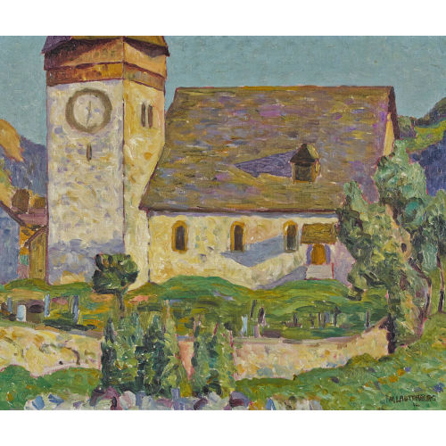 MARTIN LAUTERBURG : Sonnige Landschaft mit Kirche in Saanen (DOBIASCHOFSKY AUKTIONEN AG)