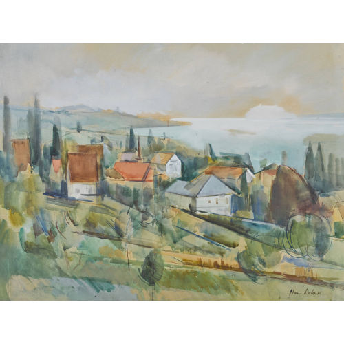 HANS ROHNER : Landschaft mit Dorf an einem See (DOBIASCHOFSKY AUKTIONEN AG)