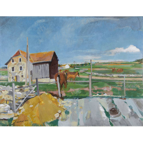 ERNST) COGHUF (EIGTL. STOCKER : Landschaft bei Muriaux mit Bauernhusern und Pferden (DOBIASCHOFSKY AUKTIONEN AG)