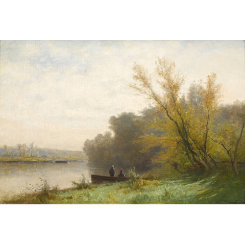 GUSTAVE EUG�NE CASTAN : Flusslandschaft mit Ruderboot und Staffage (DOBIASCHOFSKY AUKTIONEN AG)