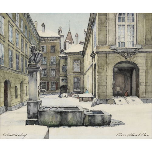 PIERRE CH�TILLON : Blick von der Junkerngasse gegen den Bubenbergrain mit Erlacherhof und L�wenbrunnen (DOBIASCHOFSKY AUKTIONEN AG)