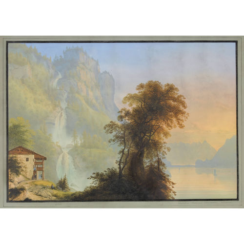 KONRAD CORRADI : Abendliche Stimmung am Brienzersee mit Giessbachf�llen (DOBIASCHOFSKY AUKTIONEN AG)