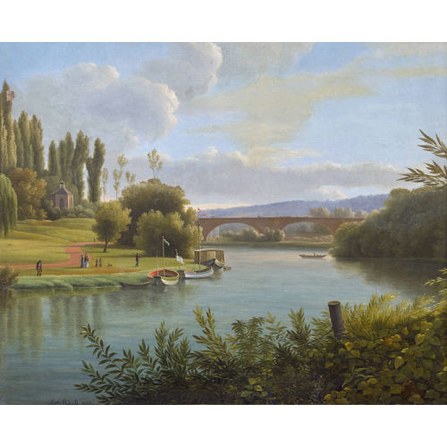 JEAN-JOSEPH-XAVIER BIDAULD : Sommerliche Flusspartie mit Spazierg�ngern und Br�cke (DOBIASCHOFSKY AUKTIONEN AG)