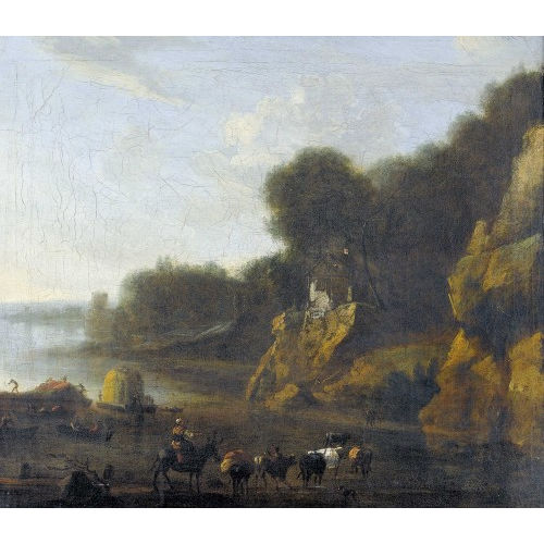 PHILIPP PETER) ROSA DA TIVOLI (EIGTL. ROOS : Uferidylle mit Booten und Hirtin (DOBIASCHOFSKY AUKTIONEN AG)