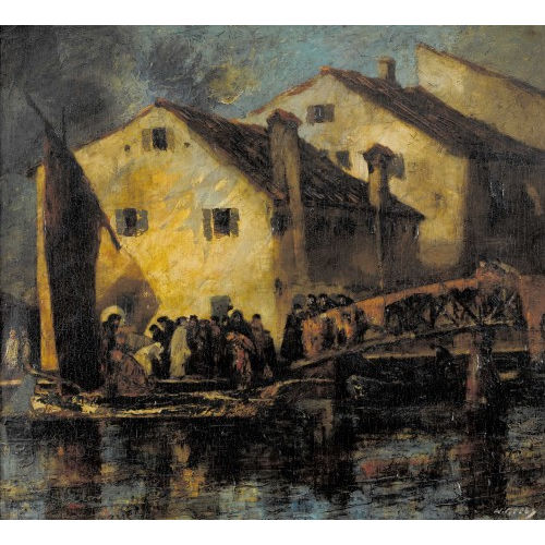 WALTER KREBS : Belebter Hafen mit H�usern und Br�cke (DOBIASCHOFSKY AUKTIONEN AG)