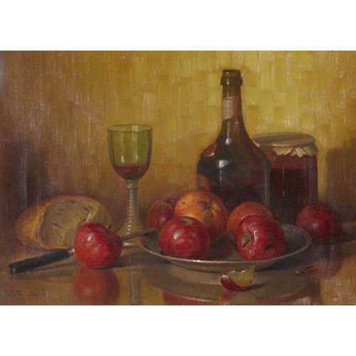 FERDINAND THURNHERR : Stillleben mit �pfeln, Wein, Brot und Gl�sern (DOBIASCHOFSKY AUKTIONEN AG)