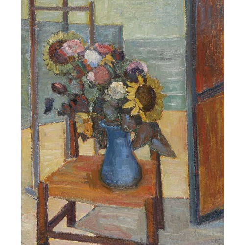 ALFREDO CINI : Sommerbouquet in blauer Vase auf Stuhl (DOBIASCHOFSKY AUKTIONEN AG)
