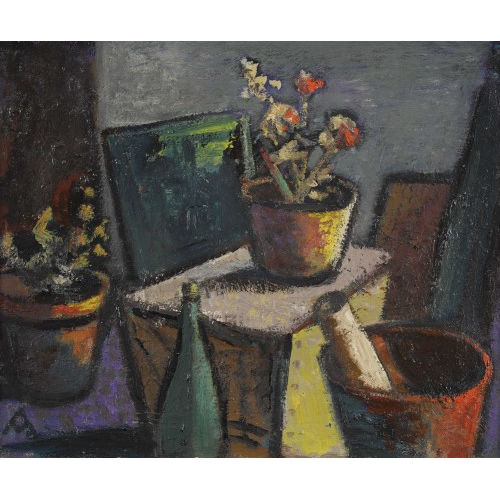 ADOLF MATHYS : Stillleben mit Geranien, einer Flasche und Gem�lden (DOBIASCHOFSKY AUKTIONEN AG)