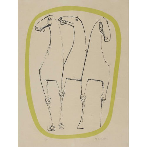 MARINO MARINI : 'Trois chevaux, bordure jaune' (DOBIASCHOFSKY AUKTIONEN AG)