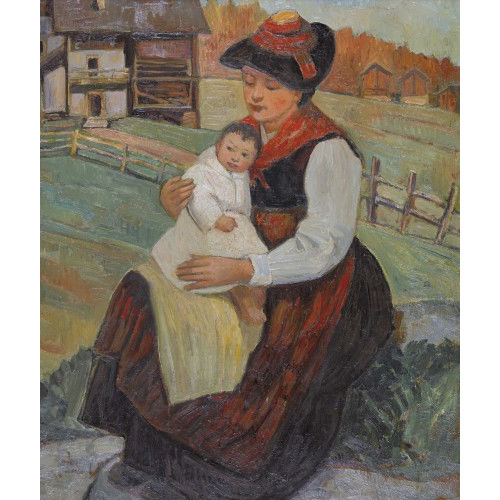 ALFREDO CINI : Herbstlandschaft mit Walliserin und Kind (DOBIASCHOFSKY AUKTIONEN AG)
