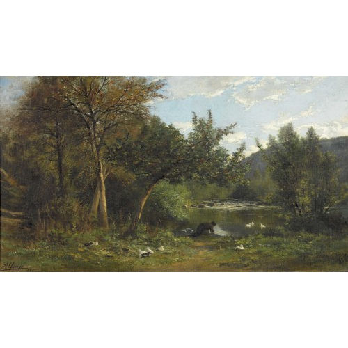 AUGUSTE ALLONG� : W�scherin und Enten am sommerlichen Ufer (DOBIASCHOFSKY AUKTIONEN AG)