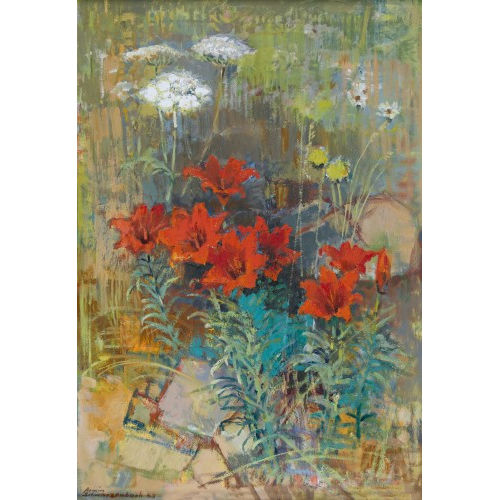 ARMIN SCHWARZENBACH : Gartenpartie mit roten Lilien (DOBIASCHOFSKY AUKTIONEN AG)