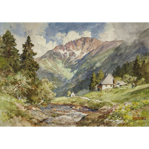 EDWARD HARRISON COMPTON : Sommerlicher Gebirgsbach mit Bauernh�usern (DOBIASCHOFSKY AUKTIONEN AG)