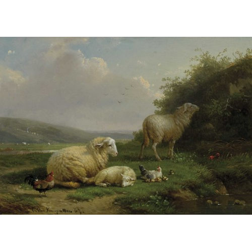 CORNELIS VAN LEEMPUTTEN : Schafe und H�hner am Teich (DOBIASCHOFSKY AUKTIONEN AG)