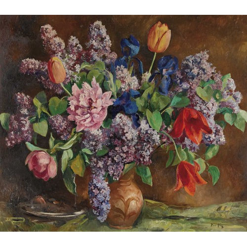 THEO GLINZ : Stillleben mit Flieder, Tulpen und Pfingstrose in Vase (DOBIASCHOFSKY AUKTIONEN AG)