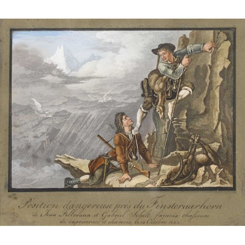 JOHANN PETER LAMY : 'Position dangereuse pr�s du Finsteraarhorn de Jean Fellmann et Gabriel Schilt, fameux chasseurs de capricornes et chamois, le 14 Octobre 1822' (DOBIASCHOFSKY AUKTIONEN AG)