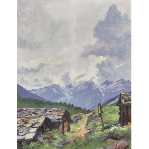 KARL ANNELER : Alplandschaft mit Wegkreuz (DOBIASCHOFSKY AUKTIONEN AG)