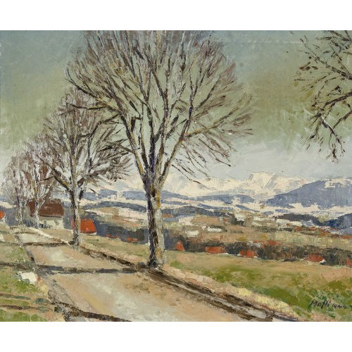WALTER MAFLI : Vorfr�hlingslandschaft mit Berner Alpenpanorama (DOBIASCHOFSKY AUKTIONEN AG)