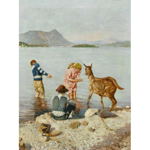 ALFONSO MUZII : Kinder mit Ziege am sommerlichen Seeufer (DOBIASCHOFSKY AUKTIONEN AG)