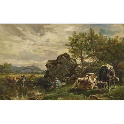 LOUIS JEAN BAPTISTE GUY : Landschaftspartie mit Angler und Rindern (DOBIASCHOFSKY AUKTIONEN AG)