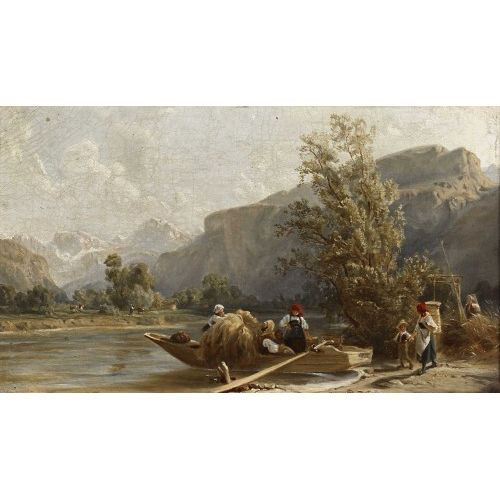 KARL GIRARDET : Sommerliche Landschaft mit B�uerinnen und Kahn am Ufer (DOBIASCHOFSKY AUKTIONEN AG)