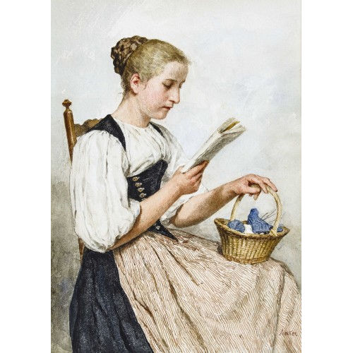 ALBERT ANKER : 'Lesendes M�dchen, mit Korb und Strickzeug' (DOBIASCHOFSKY AUKTIONEN AG)