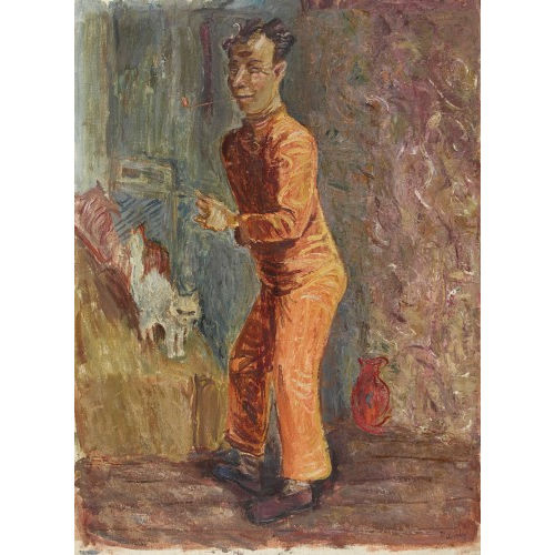 FRITZ EDUARD PAULI : Portr�t eines Mannes mit Pfeife und einer Katze (DOBIASCHOFSKY AUKTIONEN AG)