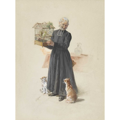 FRAN�OIS ADOLPHE GRISON : Der Pfarrer mit Kanarienvogelk�fig und einer Katze (DOBIASCHOFSKY AUKTIONEN AG)