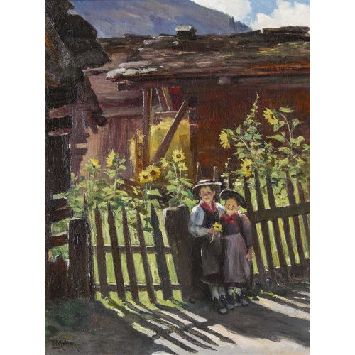 LOUISE MELLEY : Trachtenkinder in sommerlichem Evol�ne (DOBIASCHOFSKY AUKTIONEN AG)