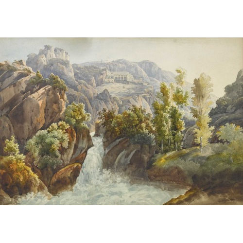 JOHANN JAKOB WOLFENSBERGER : Wasserfall bei Subiaco am Fusse von San Benedetto (DOBIASCHOFSKY AUKTIONEN AG)