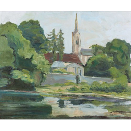 WILHELM GIMMI : Bretonische Flusslandschaft bei Pont-Croix mit Kirche (DOBIASCHOFSKY AUKTIONEN AG)
