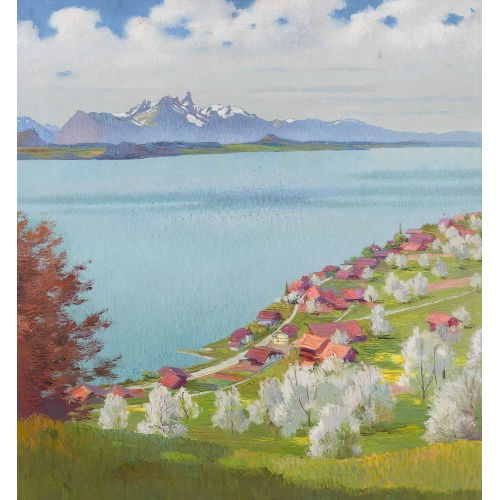 MARCUS JACOBI : Fr�hling bei Merligen am Thunersee mit dem Stockhorn (DOBIASCHOFSKY AUKTIONEN AG)