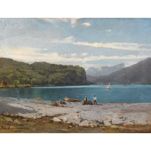 FRIEDRICH ZIMMERMANN : Sonnige Uferpartie mit Ruderboot (DOBIASCHOFSKY AUKTIONEN AG)