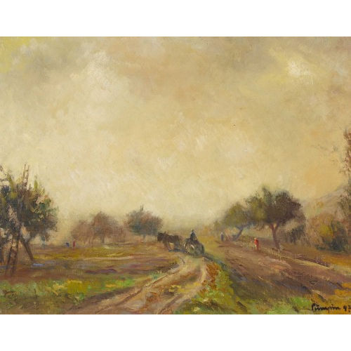 FRITZ PMPIN : Ackerlandschaft mit Obstbumen und Staffage (DOBIASCHOFSKY AUKTIONEN AG)