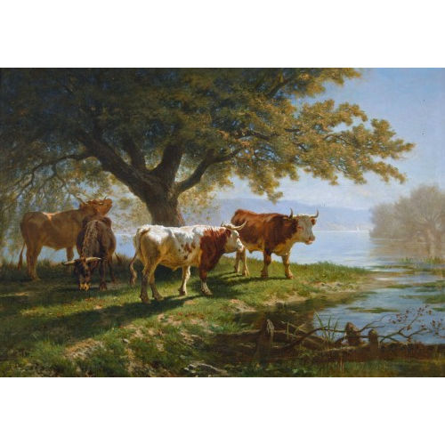 CHARLES JEAN FERDINAND HUMBERT : Kuhherde am besonnten Ufer des Genfersees (DOBIASCHOFSKY AUKTIONEN AG)