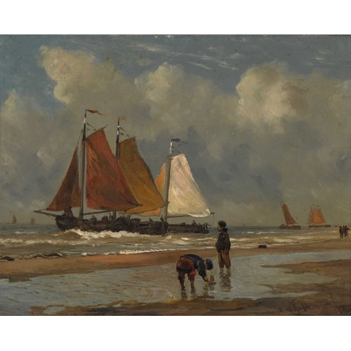 WILLEM ANTONIE VAN DEVENTER : Strandpartie mit Knaben und Segelschiffen (DOBIASCHOFSKY AUKTIONEN AG)