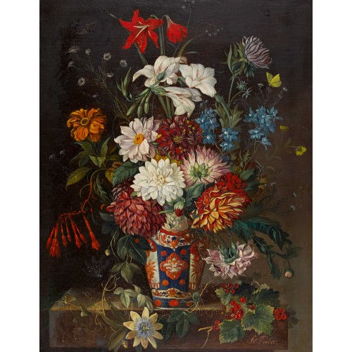 FRANZ XAVER PIELER : Pr�chtiges Blumenst�ck mit Schmetterling und Libelle (DOBIASCHOFSKY AUKTIONEN AG)