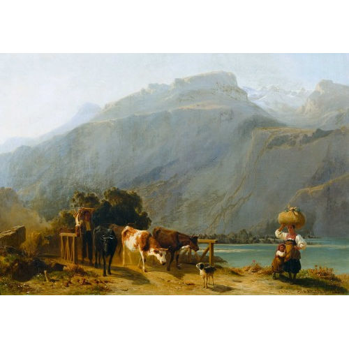 KARL GIRARDET : Bauernfamilie am Brienzersee mit Kuhherde (DOBIASCHOFSKY AUKTIONEN AG)