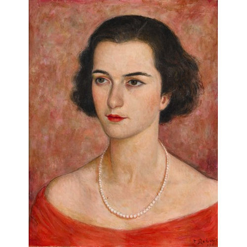 PAUL TH�OPHILE ROBERT : Portr�t einer Frau mit Perlenkette und rotem Kleid (DOBIASCHOFSKY AUKTIONEN AG)
