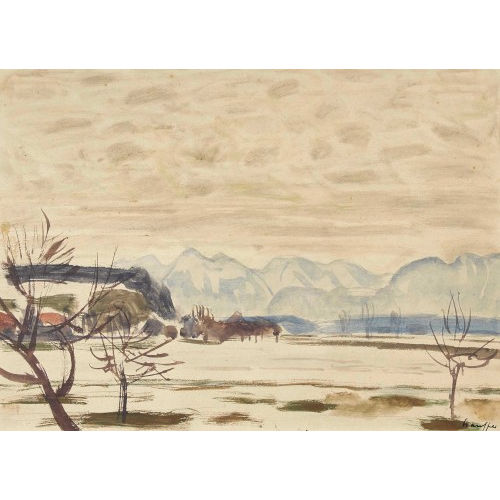 FRED STAUFFER : Landschaft vor Berg- und Seekulisse (DOBIASCHOFSKY AUKTIONEN AG)