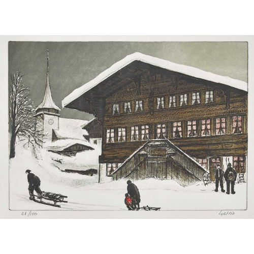 JEAN-LOUIS G�TAZ : Dorfszene im Schnee mit Kirche (DOBIASCHOFSKY AUKTIONEN AG)