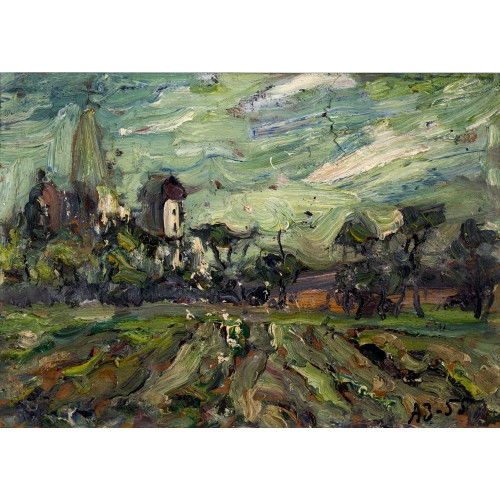 ANATOLY TIMOFEEVIC ZVEREV : Landschaft mit Dorf hinter B�umen (DOBIASCHOFSKY AUKTIONEN AG)