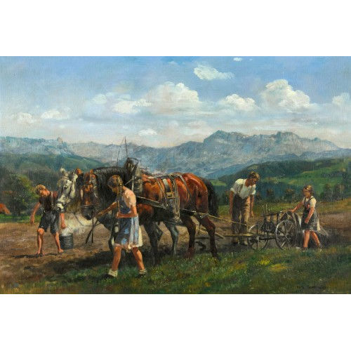 HANS GARTMEIER : Bauernfamilie mit Pferden beim Pflgen (DOBIASCHOFSKY AUKTIONEN AG)
